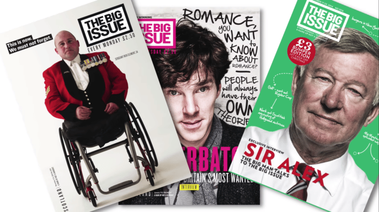 Three copies of different editions of The Big Issue Magazine